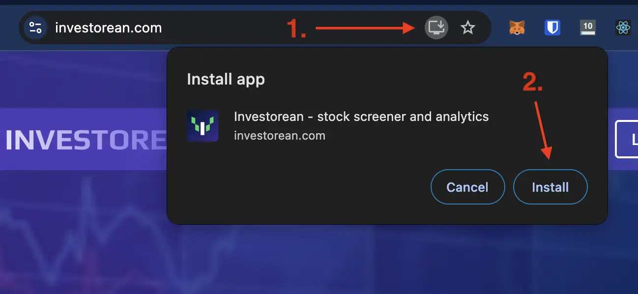 Install Investorean app on a desktop from Google Chrome