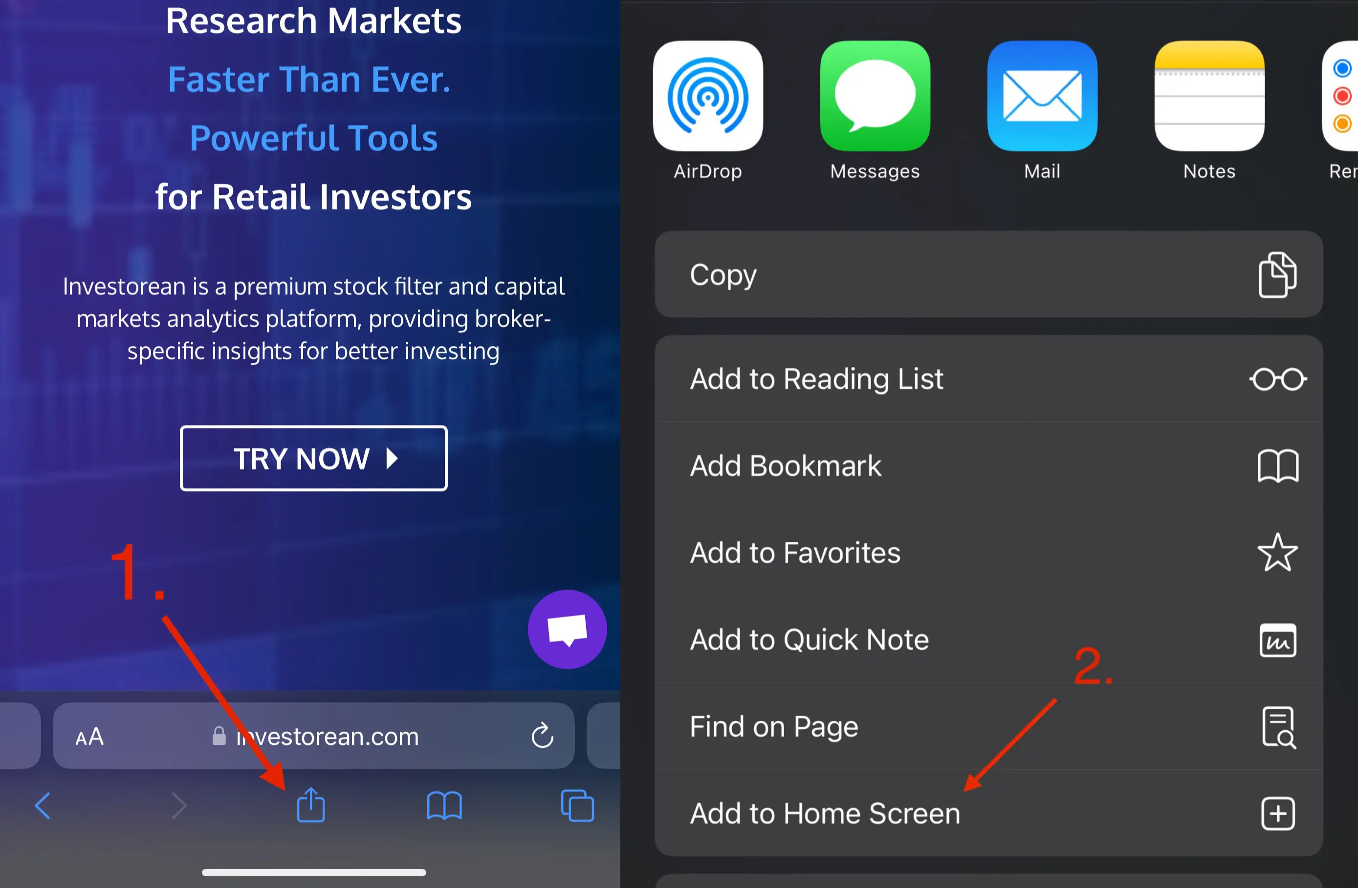 Install Investorean app on a mobile from Safari